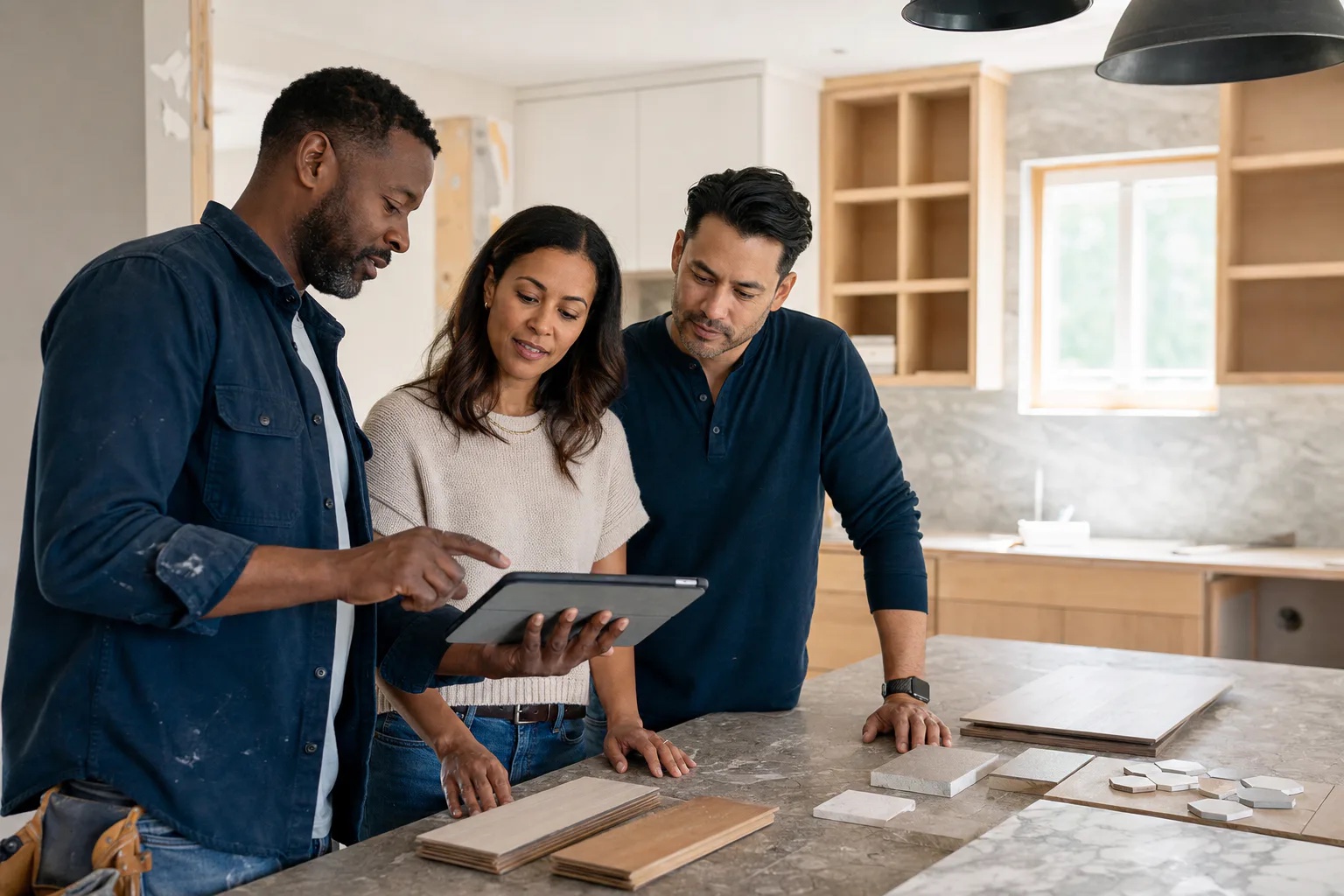 Contractor and homeowners reviewing a renovation estimate